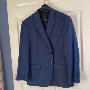 Jos A Bank navy, black, deep cranberry/maroon stripe windowpane sport coat 42S.